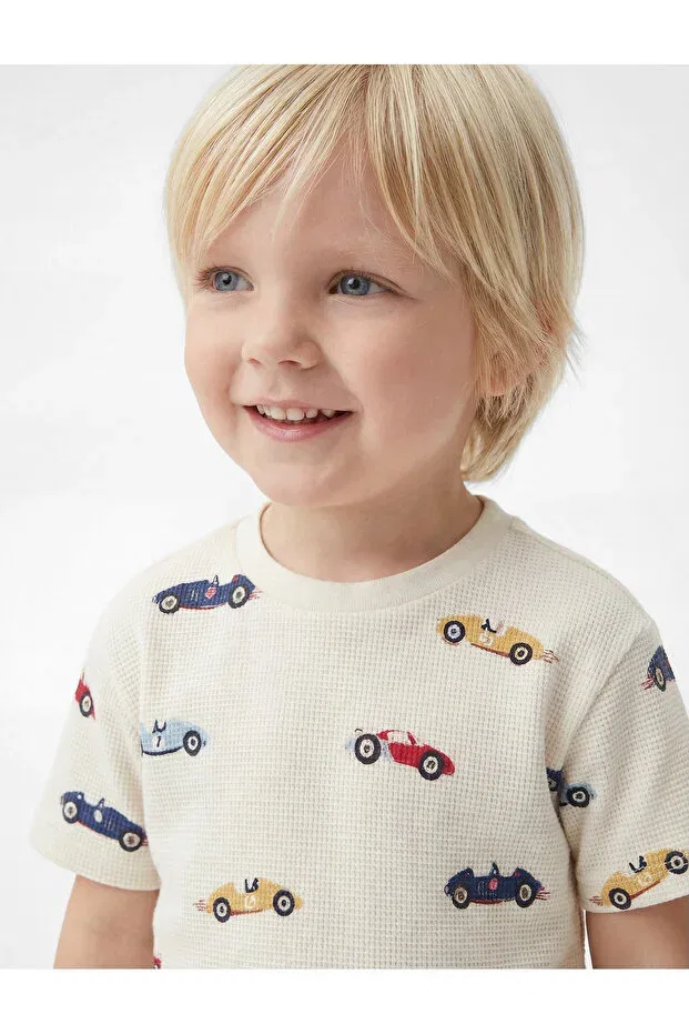 Детское для мальчиков футболка с принтом Cotton Car Patterned Koton, Ecru Patterned — фото 2