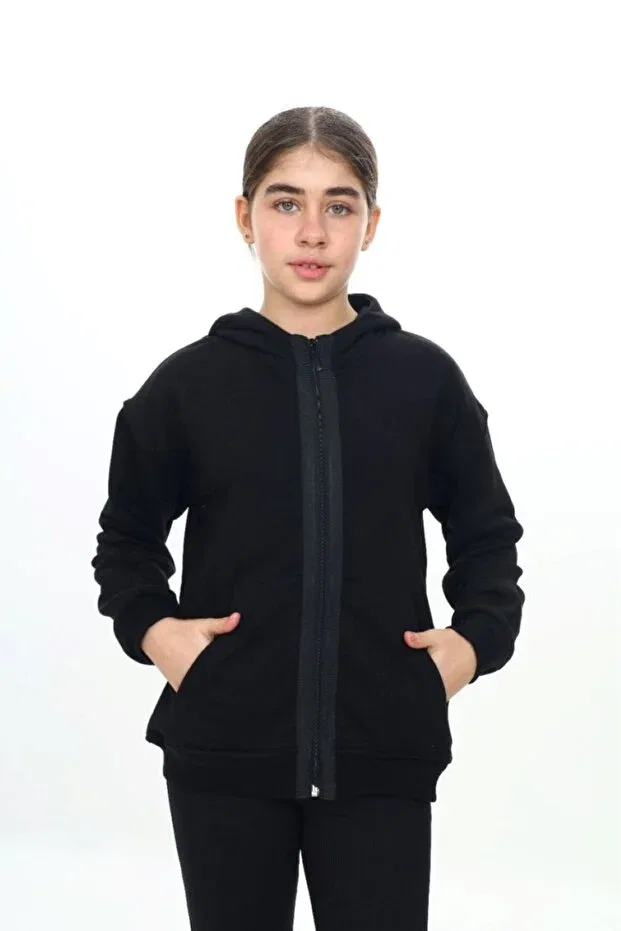 Детский кардиган для девочек с капюшоном Black Girl's Hooded Stripe Zipper Detailed Pocket Low Shoulder Knitted Cardigan Toontoy, Black — фото 4