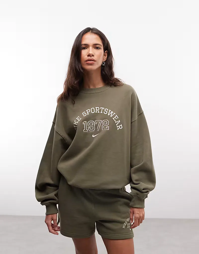 Флисовая толстовка Nike Studio Fleece оверсайз в стиле университетской формы, хаки