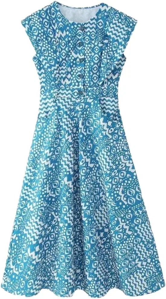 Женское платье А-силуэта с летящим рукавом, принт, Short Sleeve, V-Neck, Printed