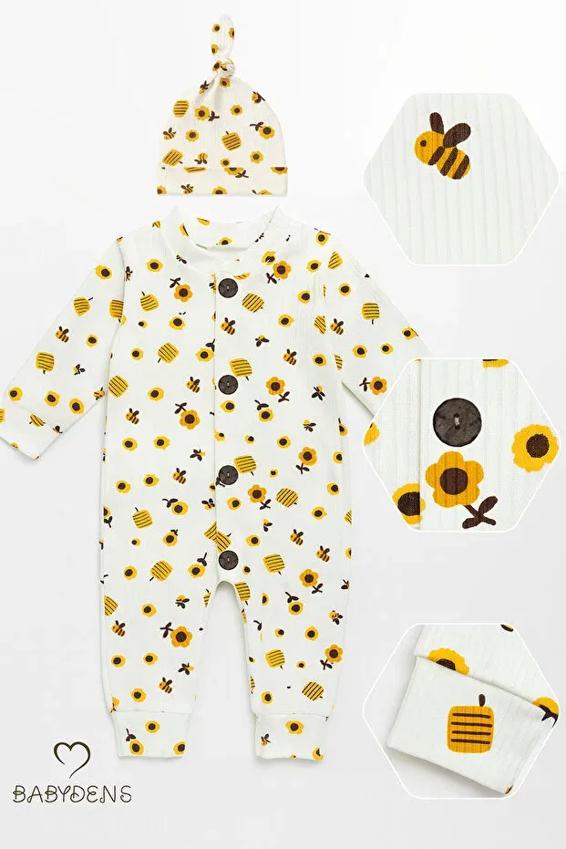 Детский комбинезон для новорожденных с принтом Bee & Sunflower Pattern Buttoned Hat Ribbed Ribbed Baby Romper Babyden'S, Ecru-Yellow — фото 2