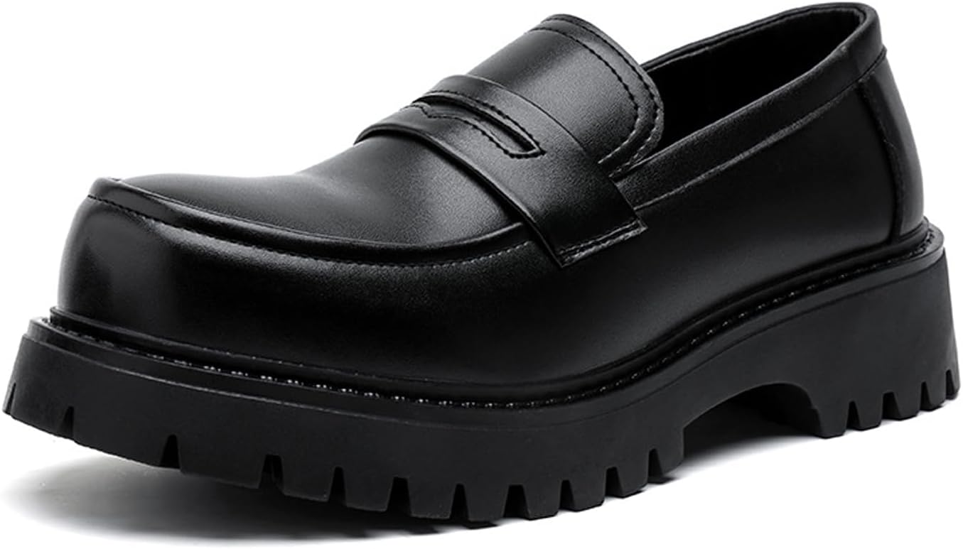 

Мужские кожаные массивные лоферы на платформе с ретро закругленным носком, грубой подошвой, противоскользящие, без шнурков, для делового стиля, свадьбы, танцев на кампусе Fifilapin, черный