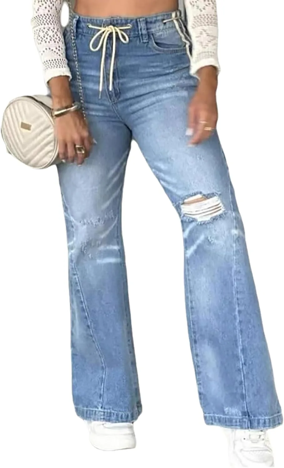 

Женские рваные джинсы с кулиской casual, высокая посадка, эластичные, distressed, прямые QLAUYIOE