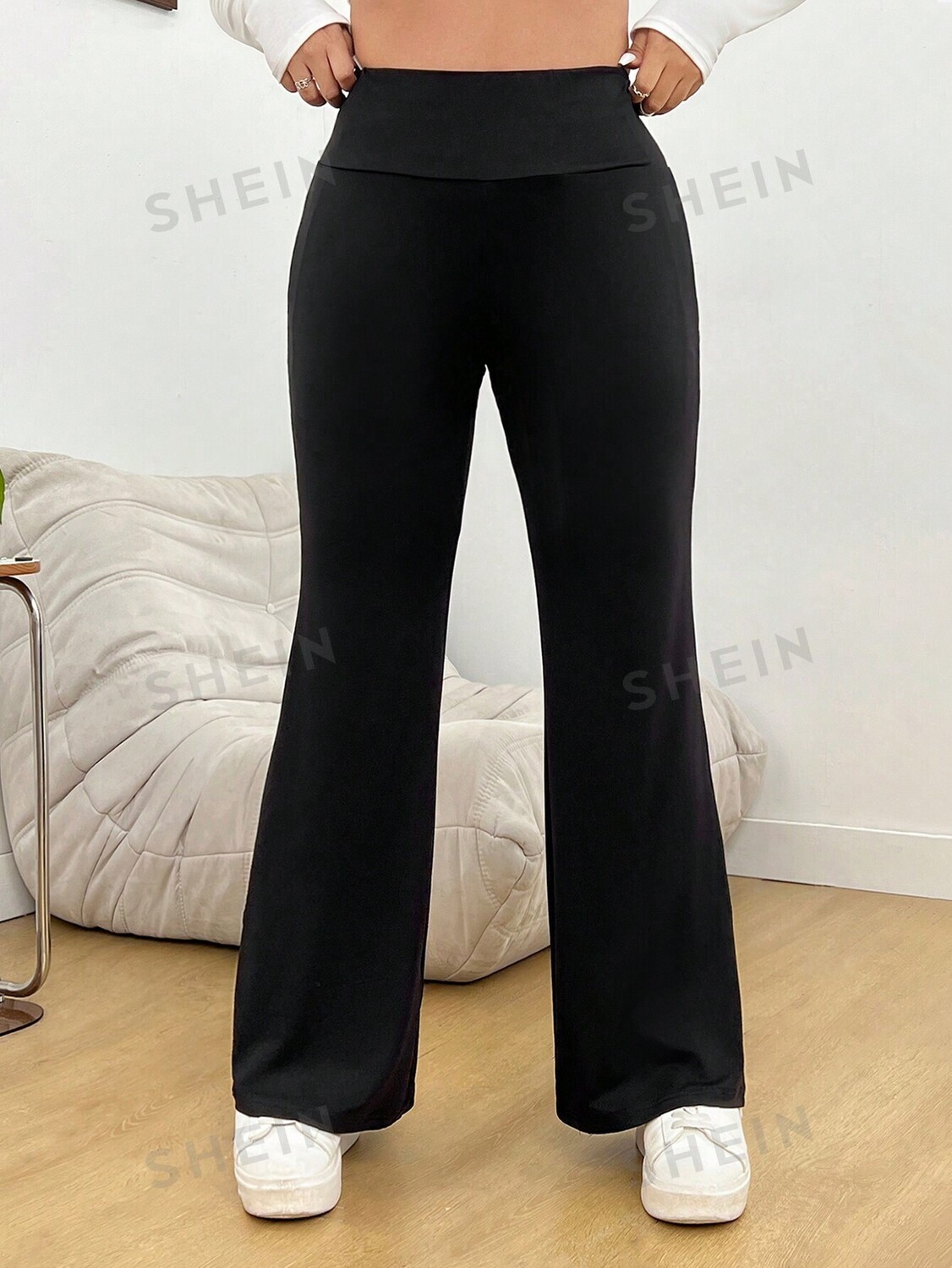 

EZwear Plus Однотонные теплые брюки, широкие брюки Shein, черный