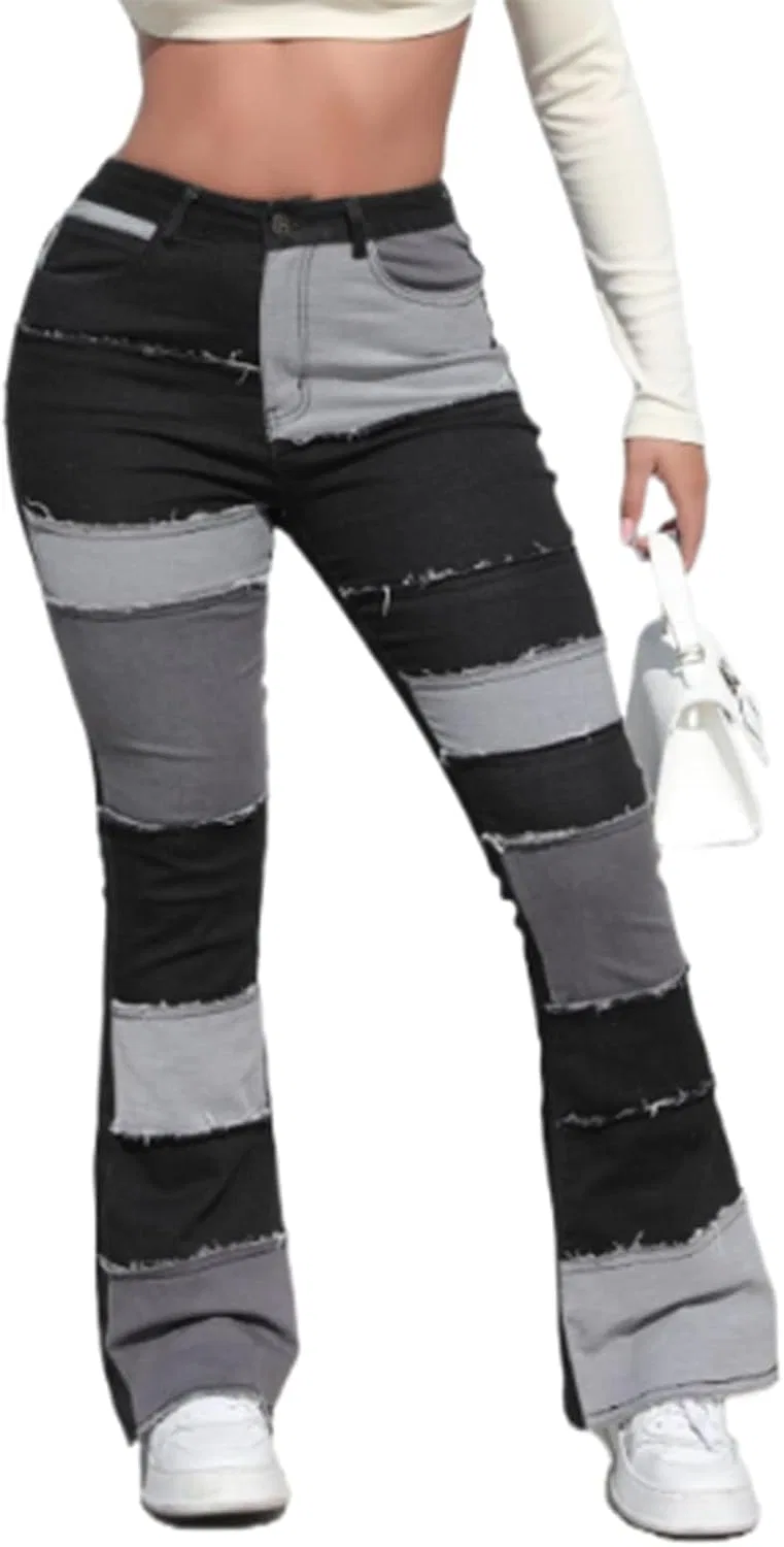 Джинсы расклешенные, Womens Mid Waist Bell Bottom Stretchy Flare Jeans Pants High Waist Baggy Boyfriend Distressed Denim Pants, черный