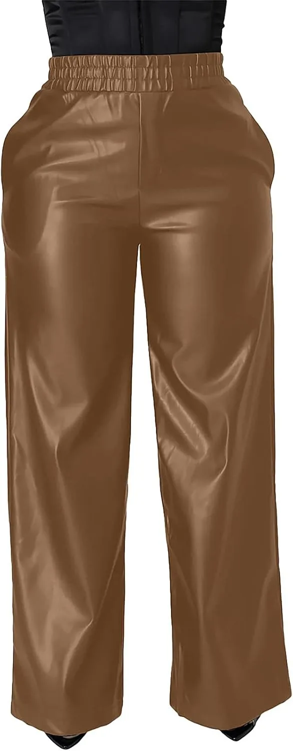 

Toshikii женские прямые брюки с кожаным эффектом PU Leather, высокая посадка, эластичный пояс