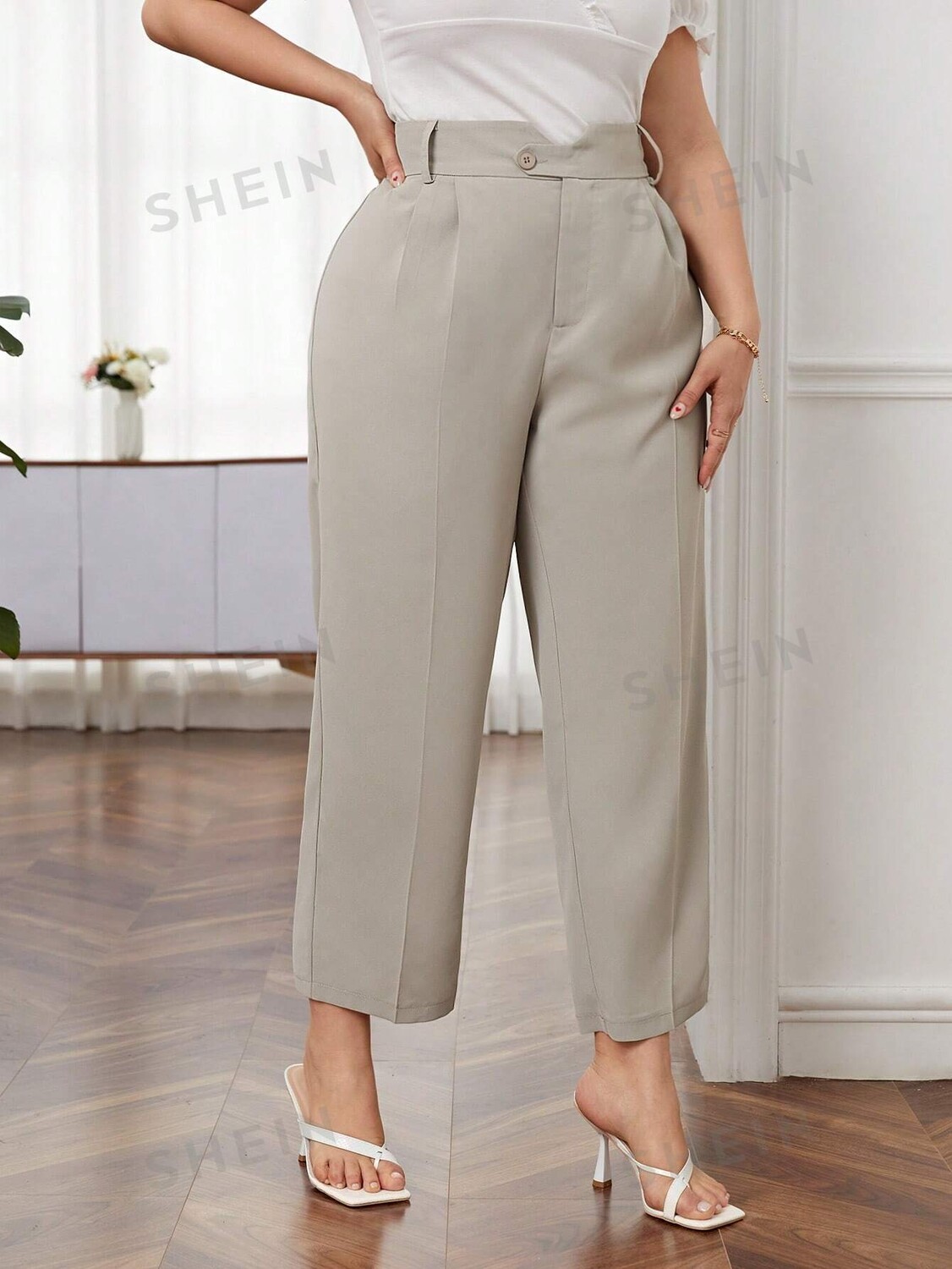 

Privé Plus Брюки с завышенной талией, мелкие детали Shein, кремовый/бежевый