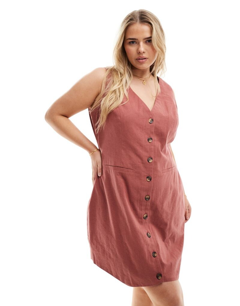 

Табачное льняное платье мини на пуговицах ASOS DESIGN Curve