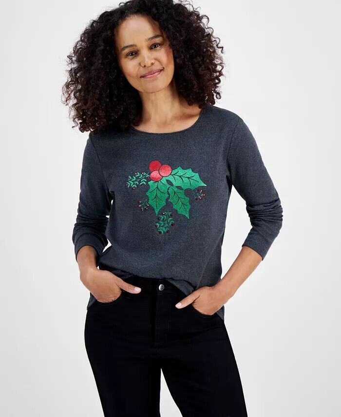 

Женский топ с длинными рукавами Holiday Lane Holly Leaf, серый