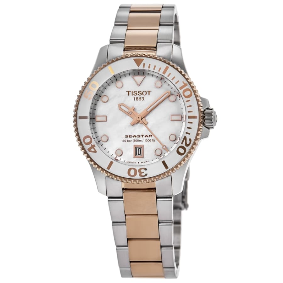 

Tissot Seastar 1000 Quartz Белый Циферблат из Перламутра Двухцветный Стальной Женские Часы T120.210.22.111.00