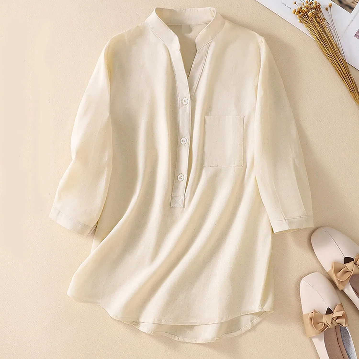 Блуза хлопковая и льняная с воротником-стойкой, Cotton and Linen Women Shirt Loose Mid Sleeve Top, бежевый — фото 2