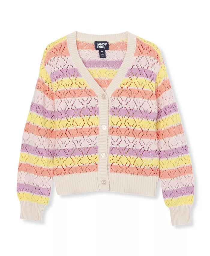 

Детский кардиган на пуговицах с ажурной вязкой для девочек Lands' End, коричневый/бежевый