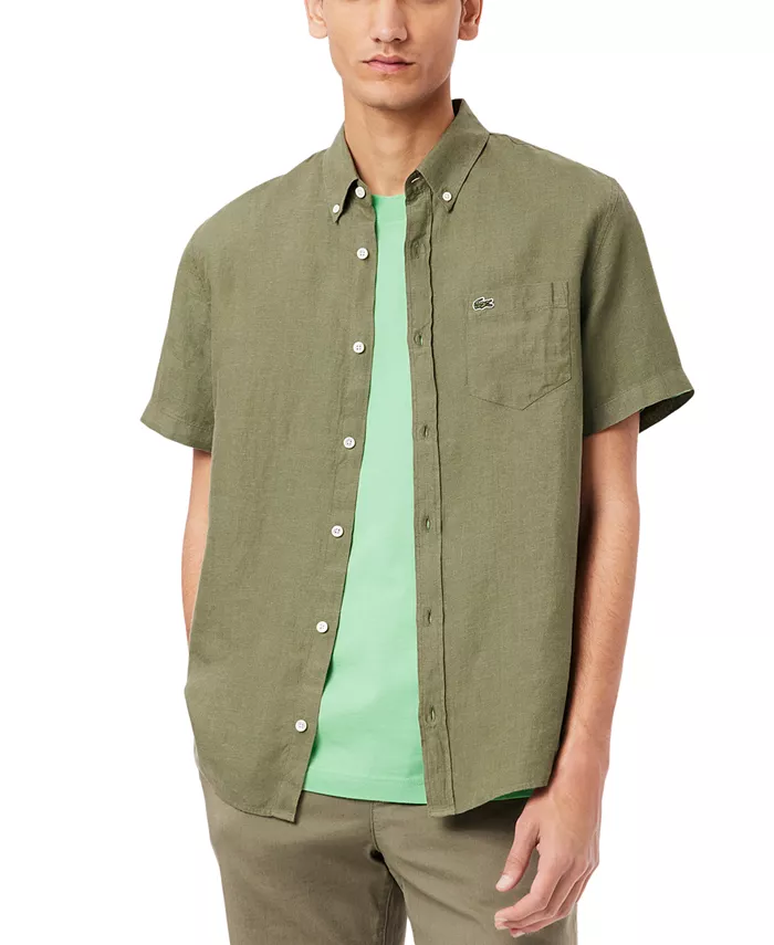 

Мужская классическая льняная рубашка с логотипом Lacoste, зеленый