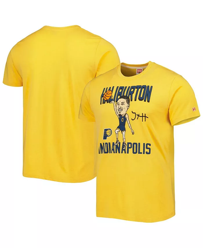 

Мужская футболка Tyrese Haliburton Gold Indiana Pacers Caricature Tri-Blend Homage
