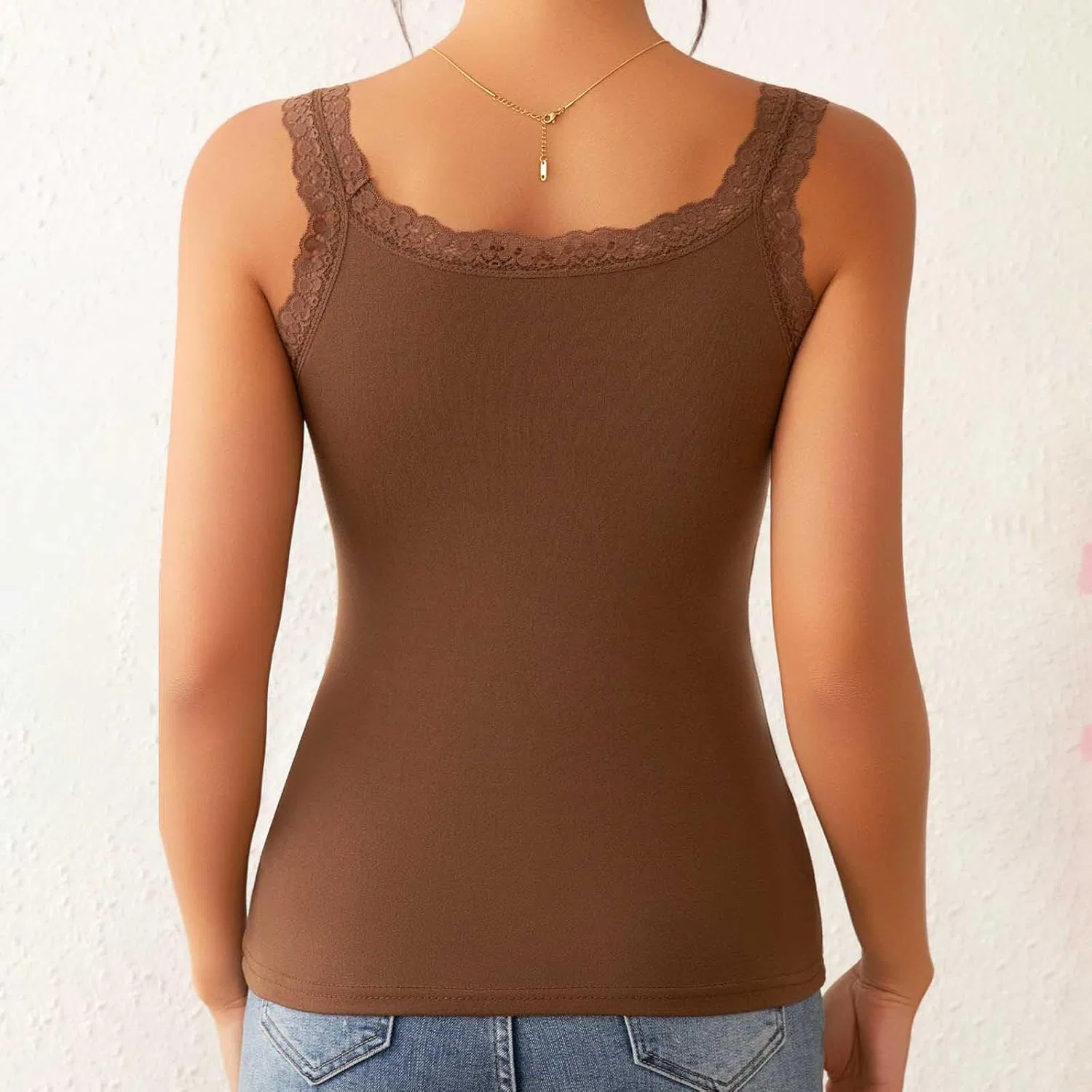 Женский топ-майка Ribbed Fitted Lace Trim, Brown — фото 3