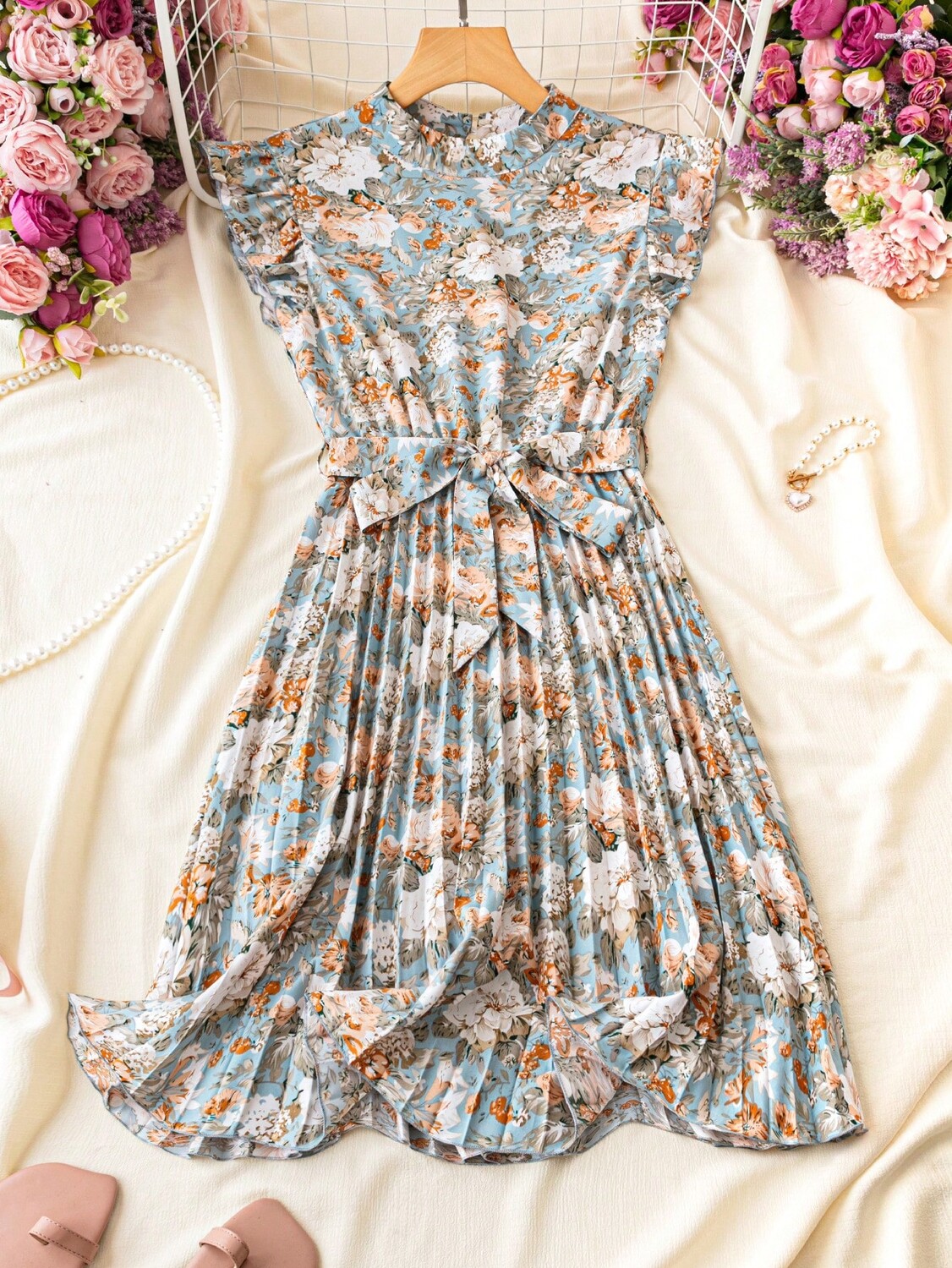 

SHEIN Французское платье с цветочным принтом, воротник-стойка, плиссированная талия, праздничное платье, многоцветный