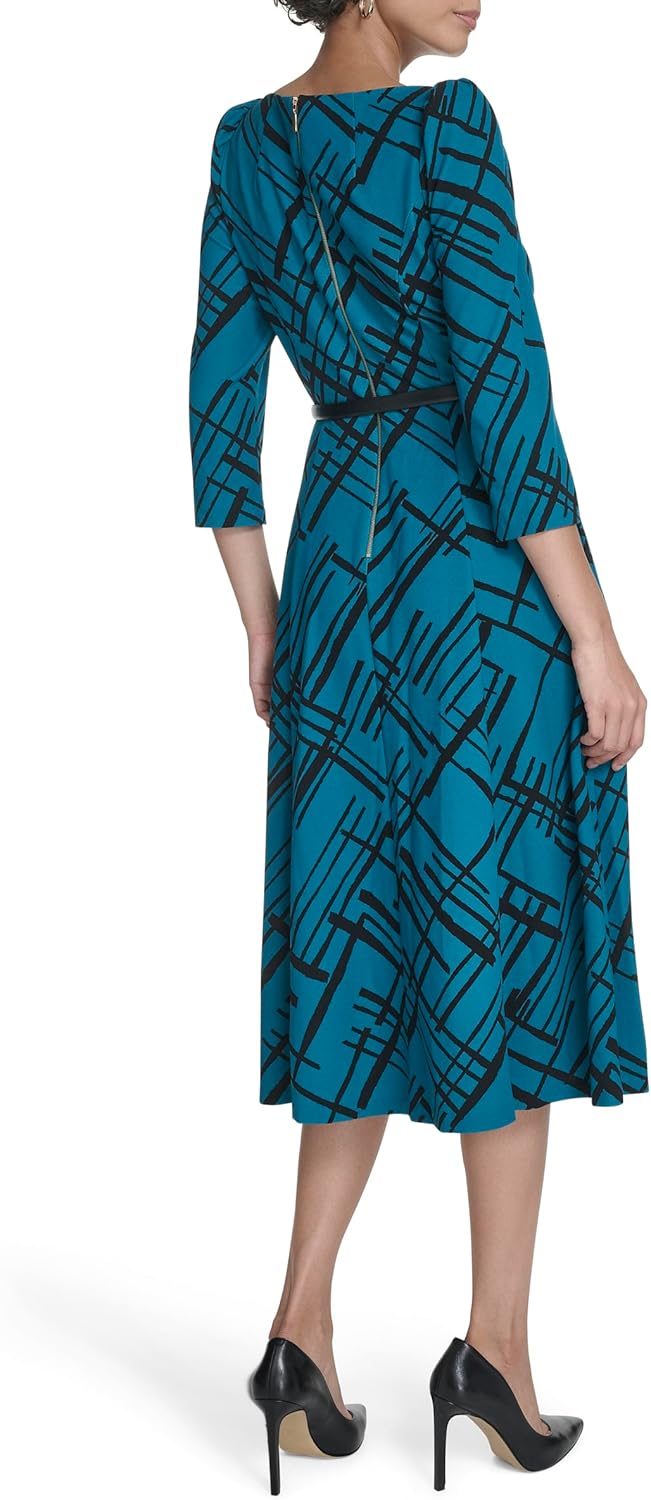 Женское платье-трапеция Calvin Klein с рукавами три четверти и поясом, Emerald/Black — фото 4