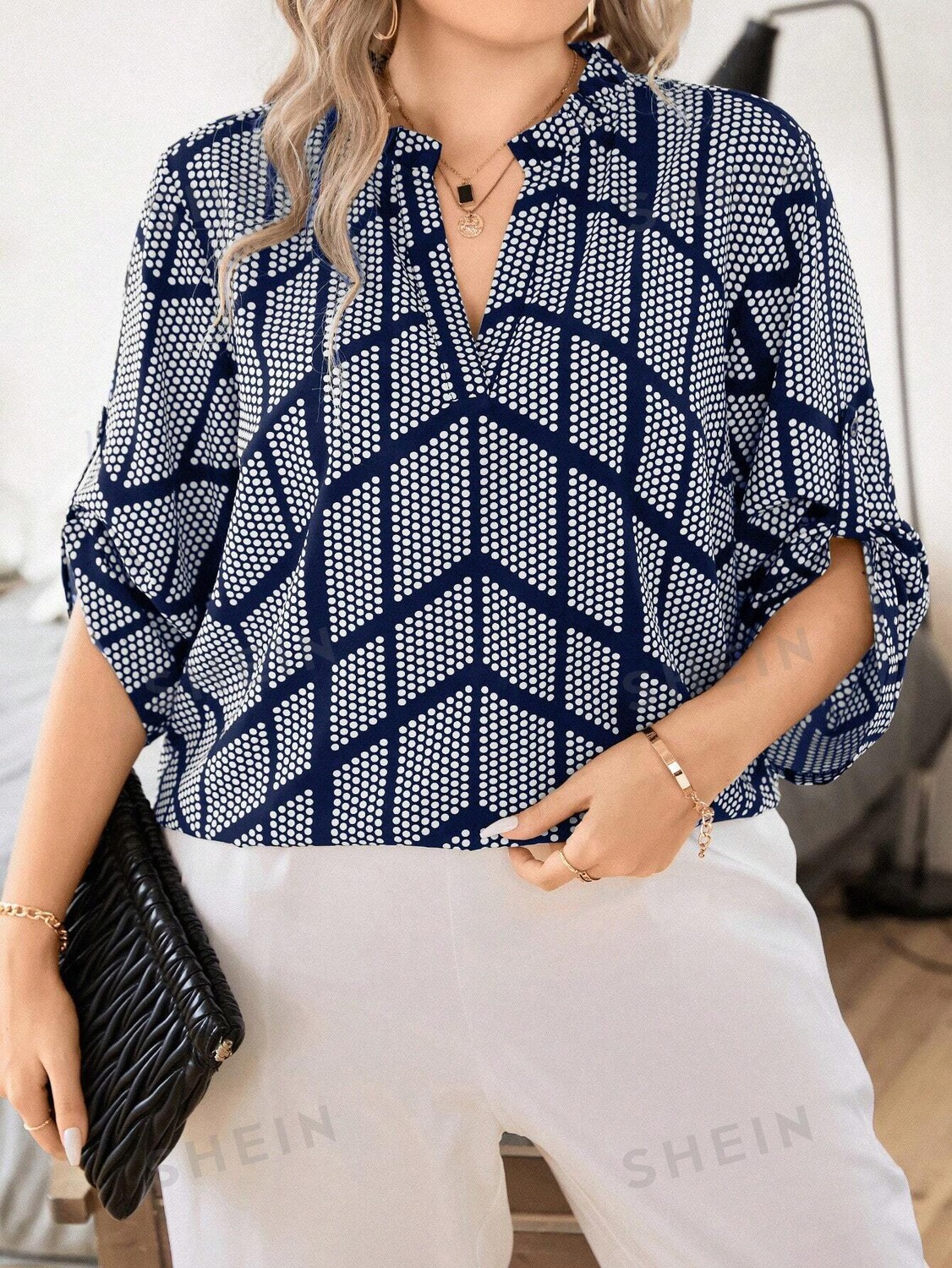 

Clasi Plus Блузка в горошек с рукавами с пряжками Shein, темно-синий