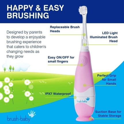 Brush Baby BabySonic электрическая зубная щетка для младенцев и малышей от 0 до 3 лет - умный светодиодный таймер и мягкая вибрация - в комплект входят 2 чувствительные насадки розового цвета Brush-Baby — фото 3
