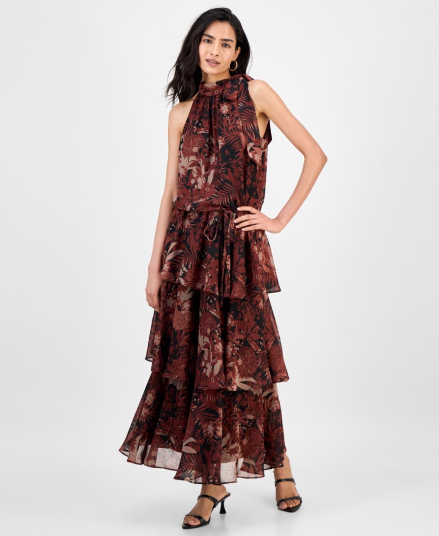 

Женское длинное платье-блузон с завязками на шее и ярусным кроем julia jordan, BLACK MULTI