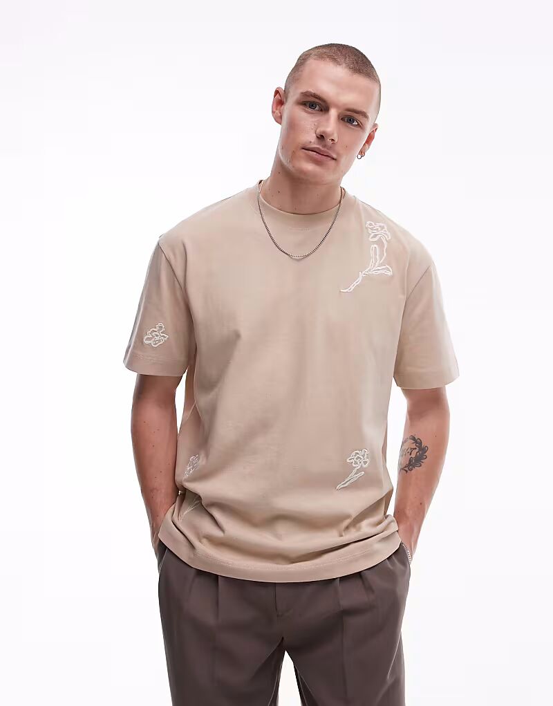 

Футболка Topman свободного кроя с цветочной вышивкой камнями спереди и сзади