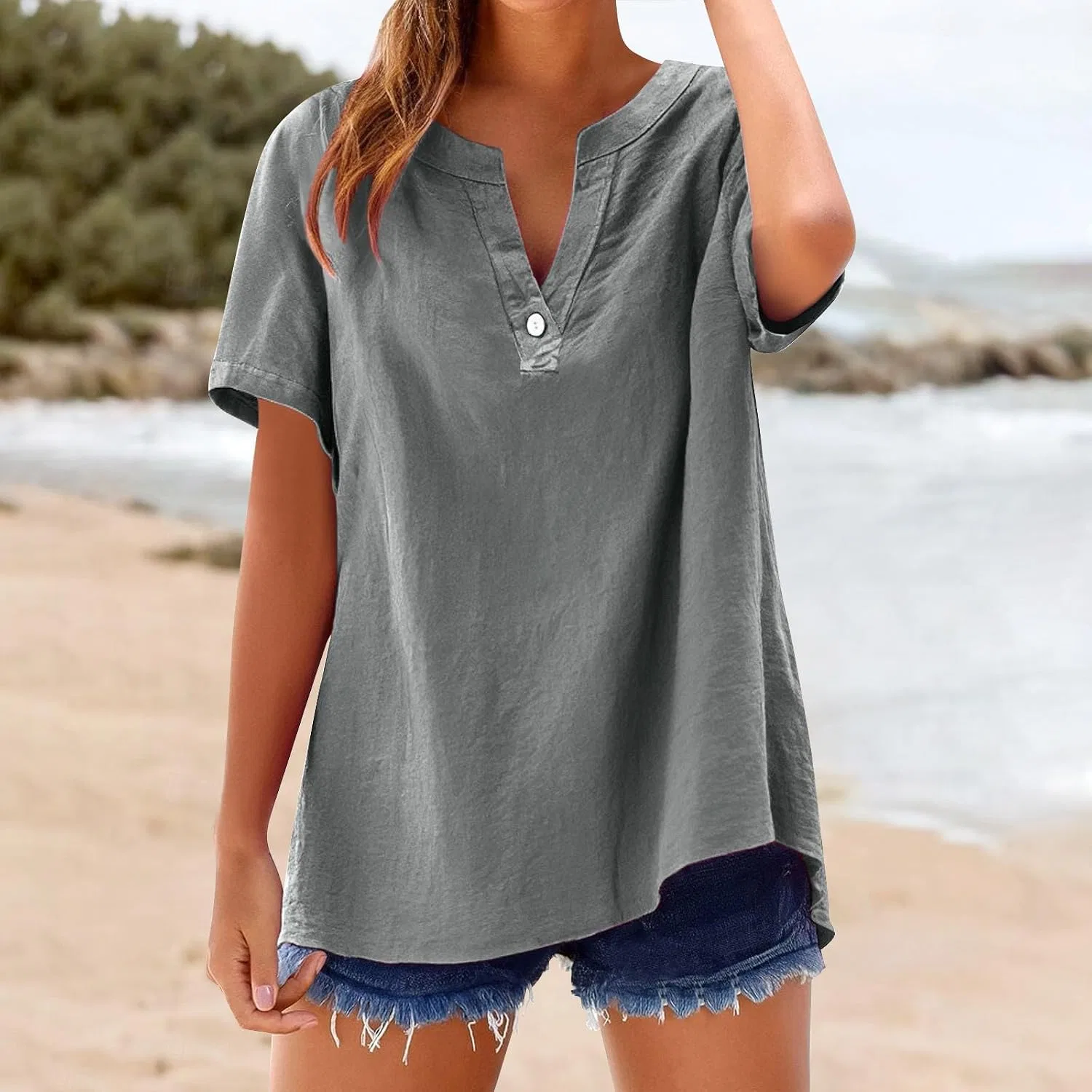 Блуза свободная на пуговицах, Loose Button Shirt Top, серый — фото 2