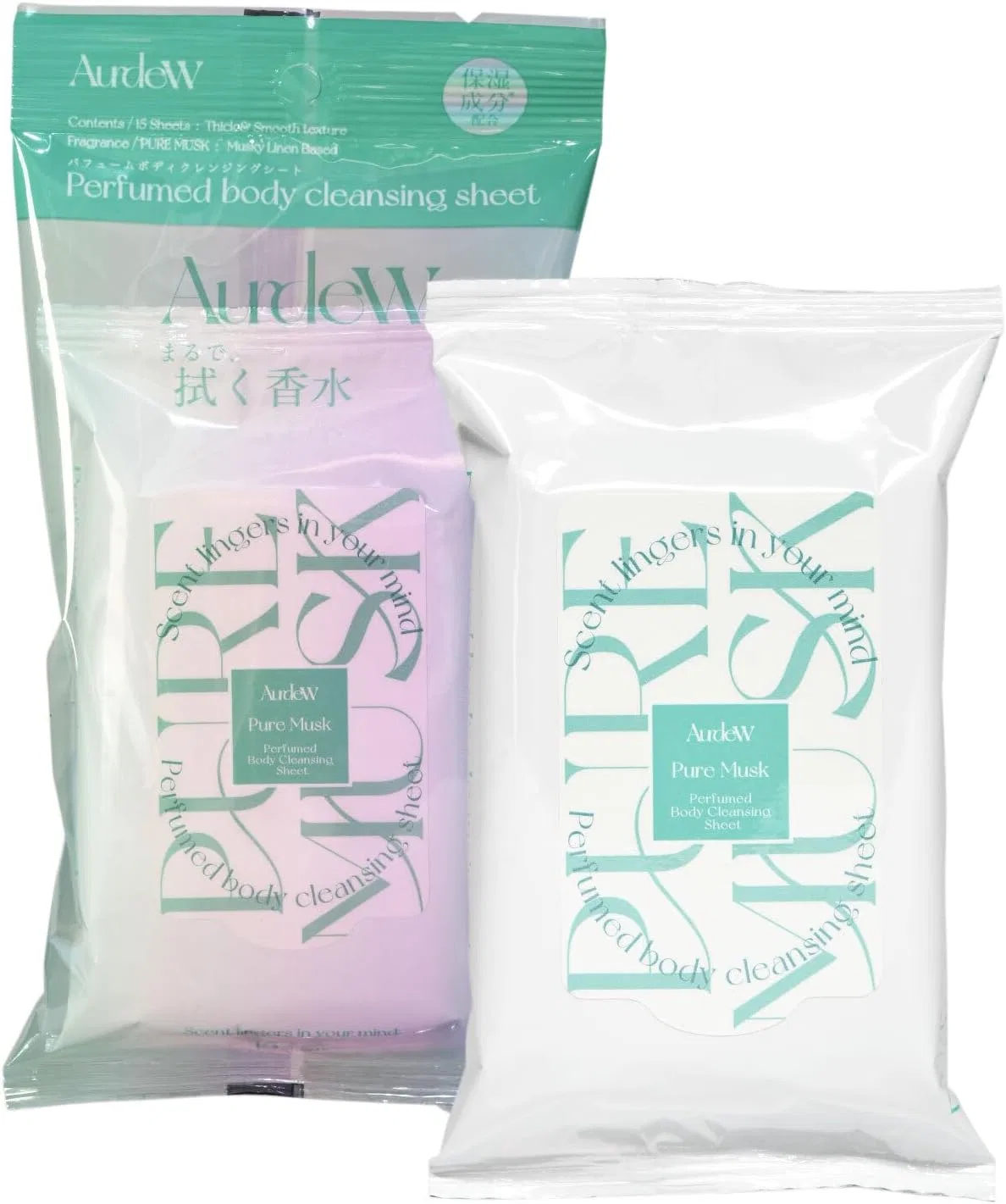 Салфетки для тела с ароматом Pure Musk, Aurdew, 2 упаковки по 15 шт, 45 x 120 x 225 мм
