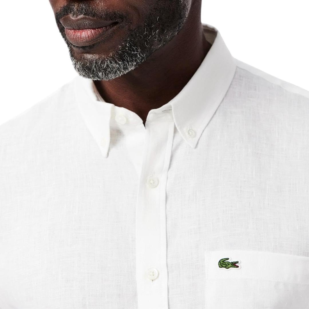 Lacoste мужская длинная рубашка с длинным рукавом, обычный крой, льняная, на пуговицах, белая — фото 2