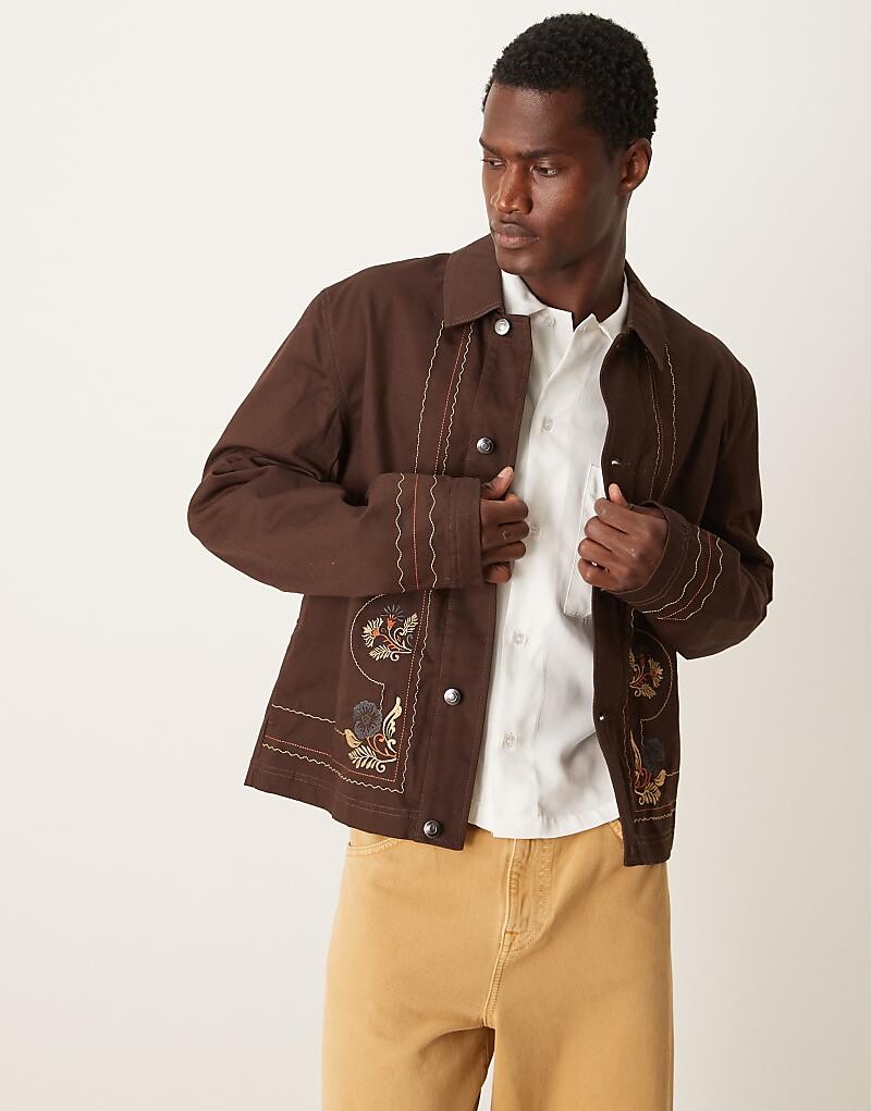 

Коричневая куртка Харрингтон с вышивкой ASOS DESIGN