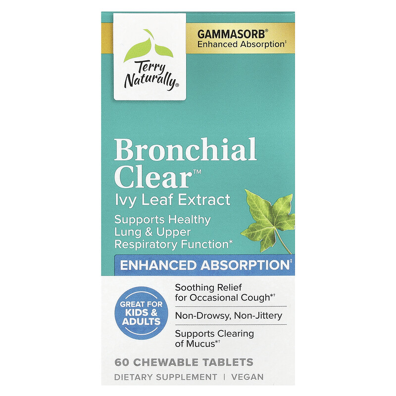 

Terry Naturally, Bronchial Clear , экстракт листьев плюща, 50 мг, 60 жевательных таблеток