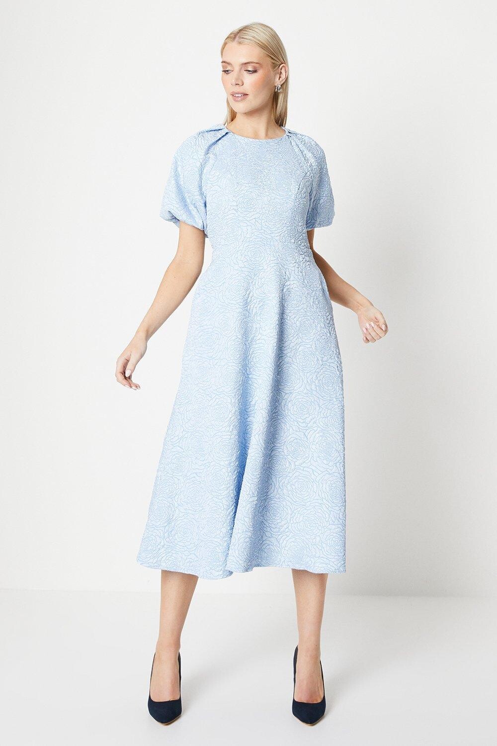 

Жаккардовое платье миди с объемными рукавами Debenhams, синий