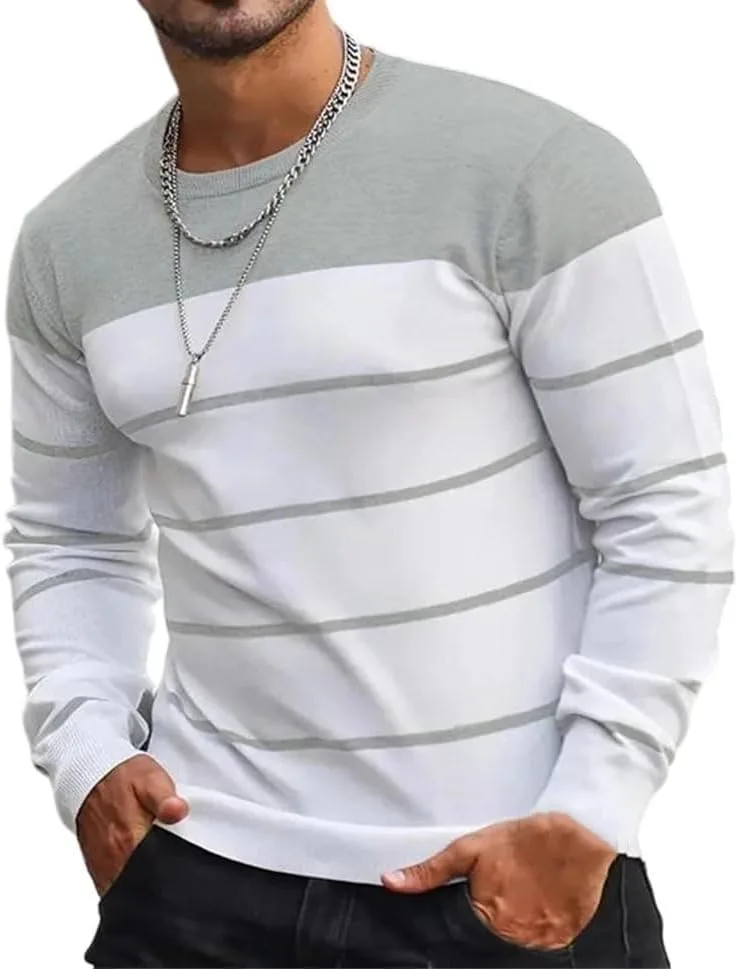 

Мужской полосатый свитер из хлопка с круглым вырезом, вязаный с длинными рукавами