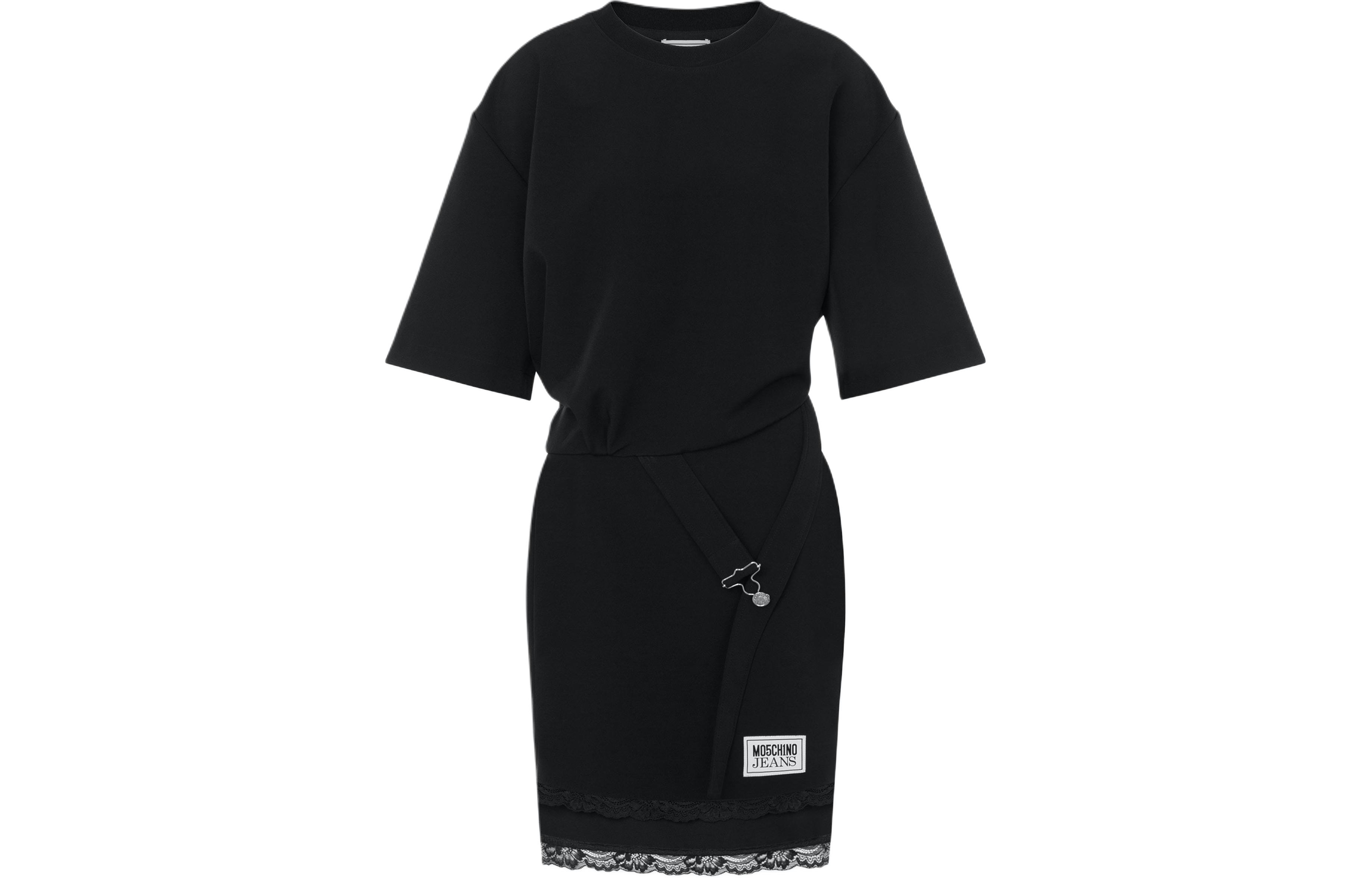 

Футболка с кожаной нашивкой и пряжкой MOSCHINO, черный