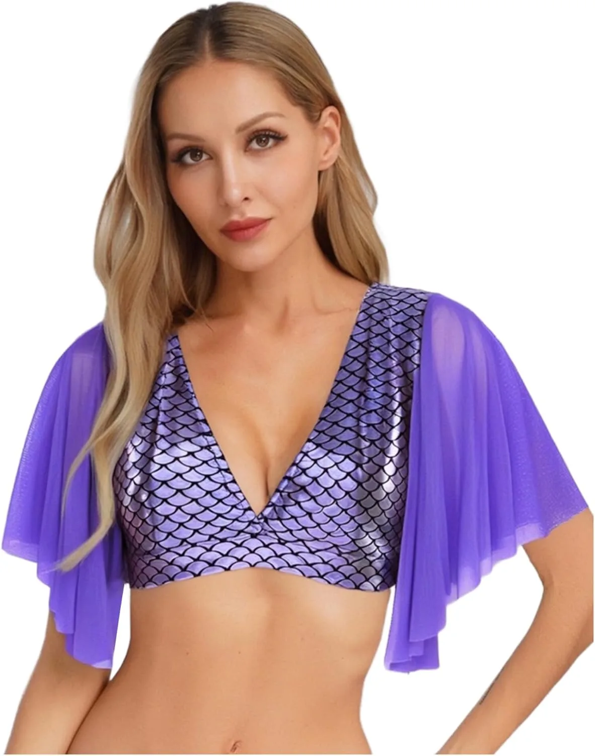 

TTAO Женский блестящий топ с принтом "рыбья чешуя" и короткими рукавами