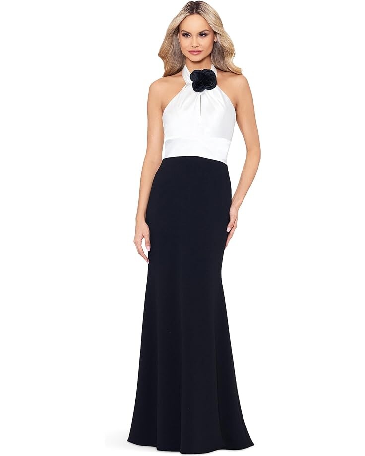 

Платье Betsy & Adam Long scuba crepe gown with flower, цвет Black/White