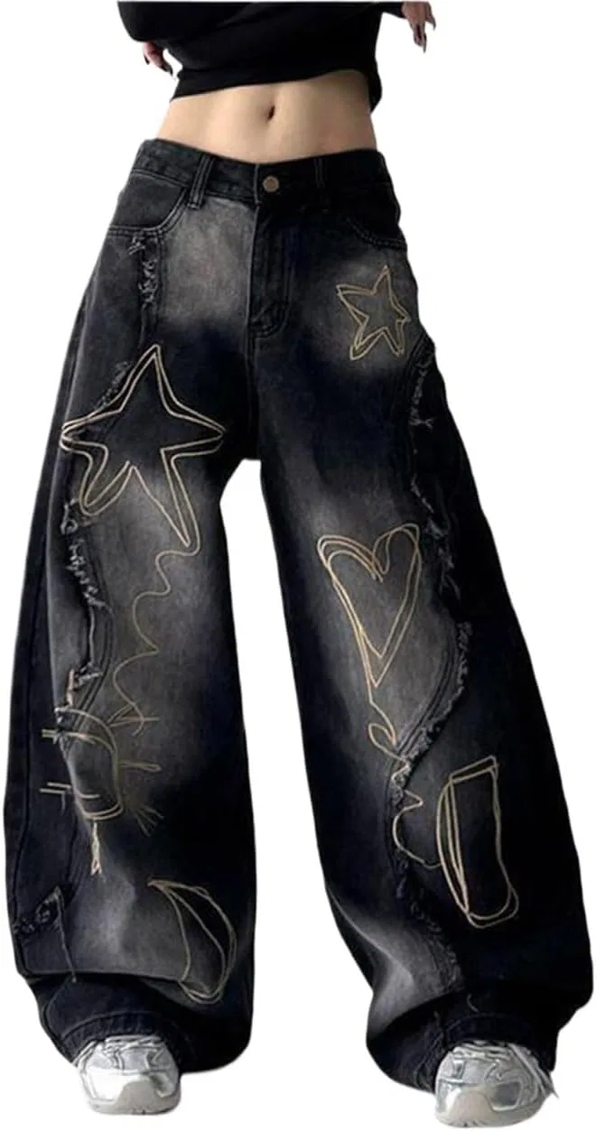 Джинсы Y2K Star Barrel Vintage Wide Leg, Черный