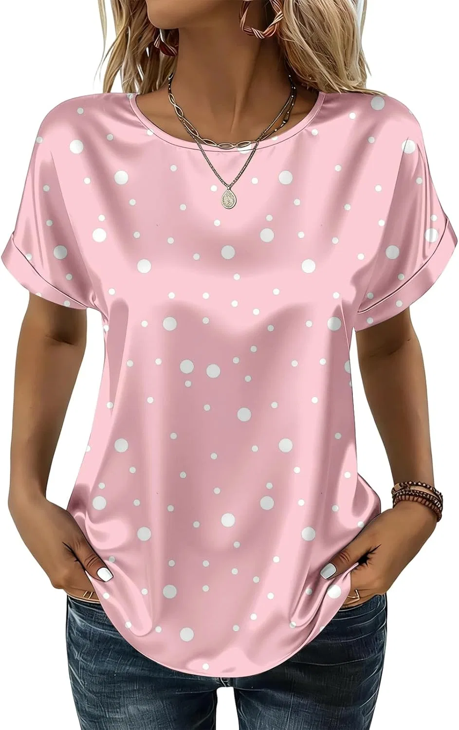 Блуза женская из сатина, короткий рукав, Pink