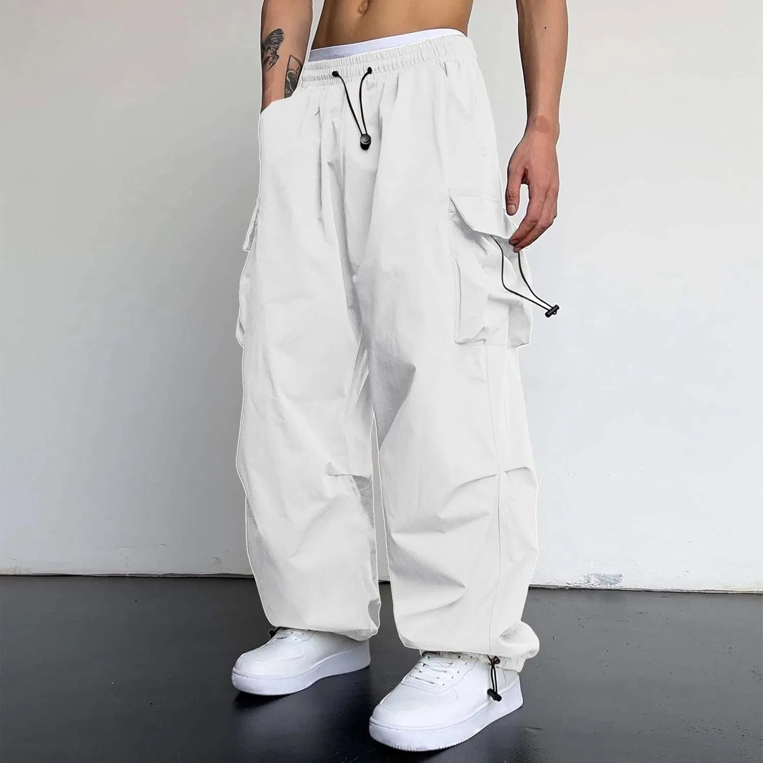 Джинсы мешковатые карго, Y2k, Hip Hop, на завязках, White — фото 2