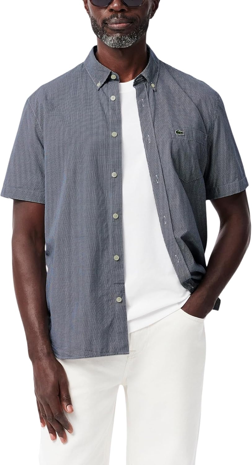 

Lacoste мужская короткая рукав рубашка в клетку на пуговицах regular fit, Blanc/Marine
