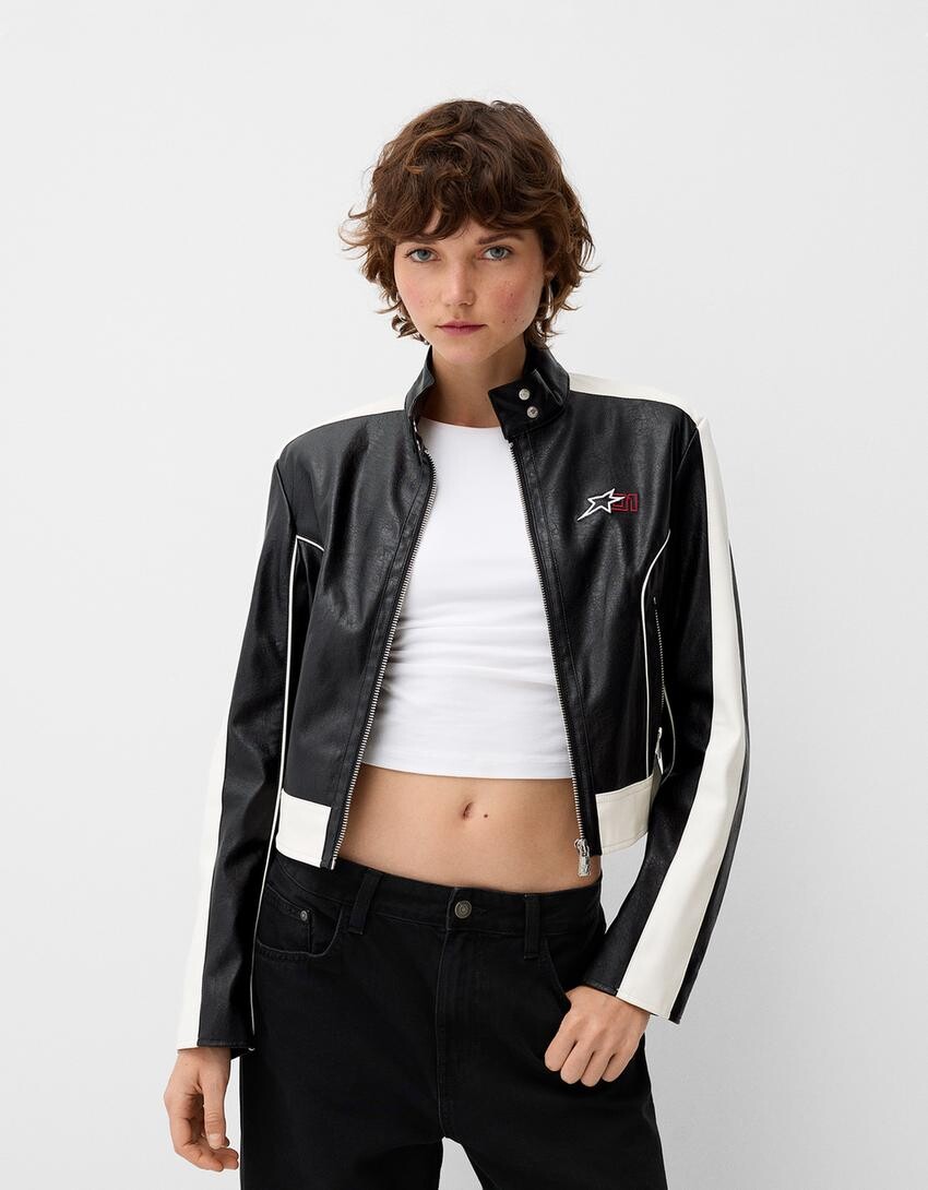 

Куртка с контрастным кожаным эффектом Bershka, черный