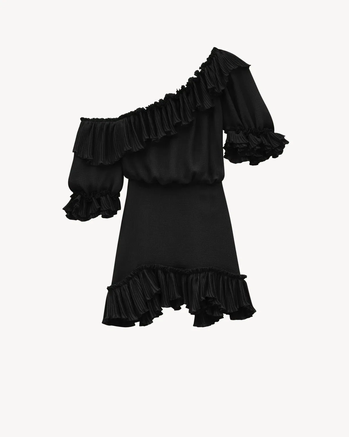 Платье с оборками из шелкового крепонного муслина SAINT LAURENT, черный