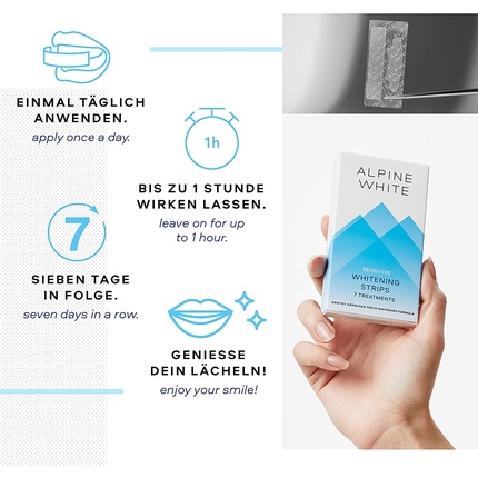 Отбеливающие полоски ALPINE WHITE Sensitive для заметно более белых зубов всего за 3 дня - профессиональное отбеливание чувствительных зубов. 7 применений (14 отбеливающих полосок). — фото 3