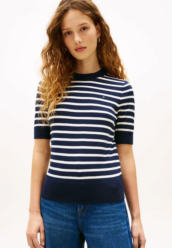 Джемпер с коротким рукавом из тонкого трикотажа, базовая футболка. Tommy Hilfiger, Dark Night Navy/Ivory Petal