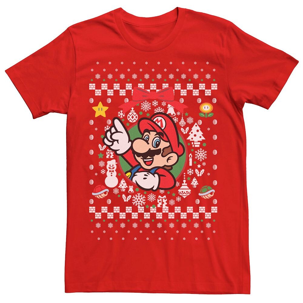 

Мужская классическая футболка с рисунком Ugly Christmas Mario Nintendo Super Mario Licensed Character, красный