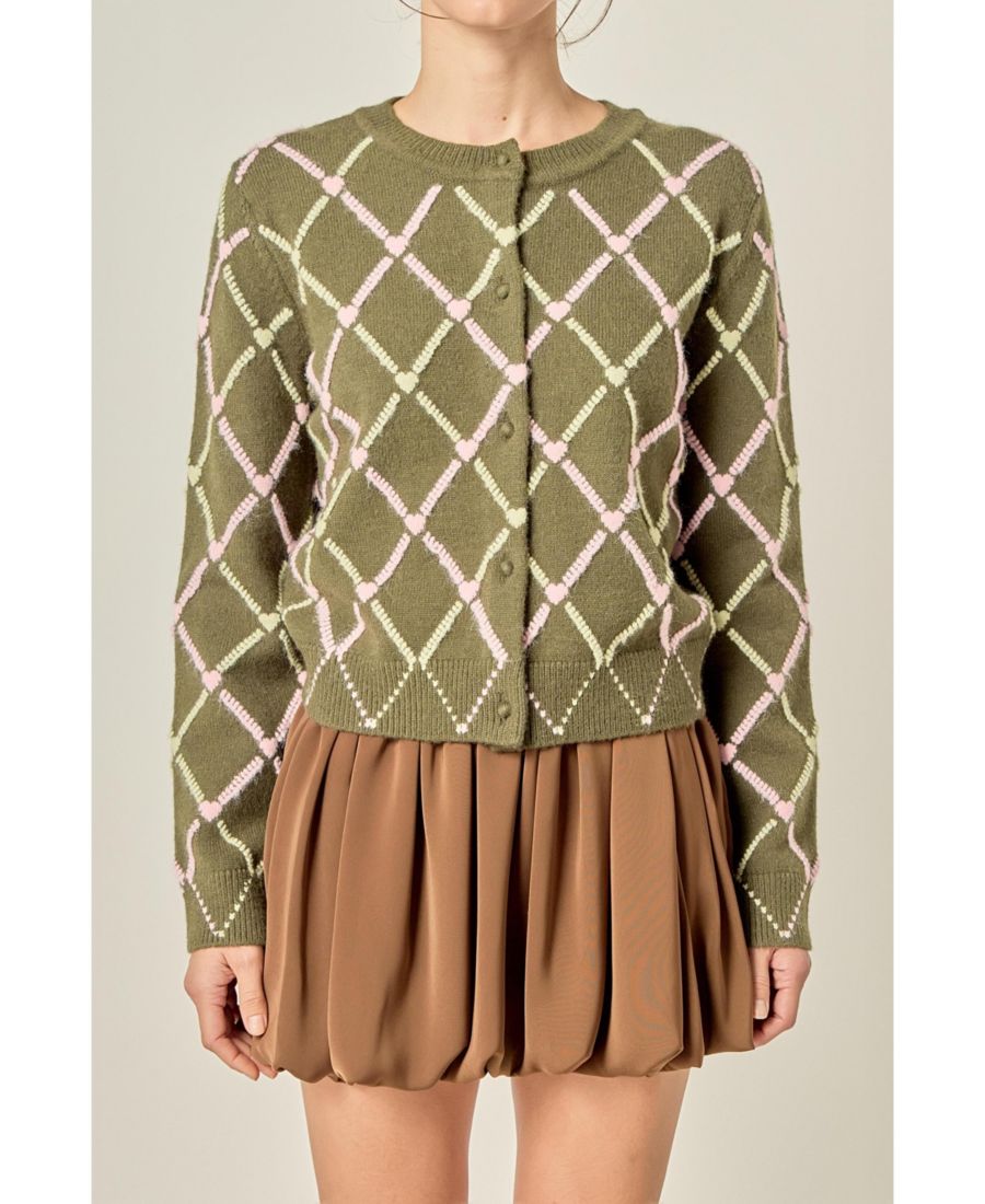 

Женский вязаный кардиган с узором Алмазное сердце English Factory, Green/pink