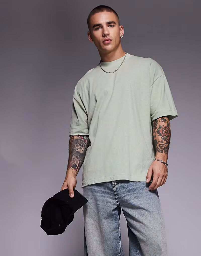 

Футболка свободного кроя из льна ASOS DESIGN цвета шалфея