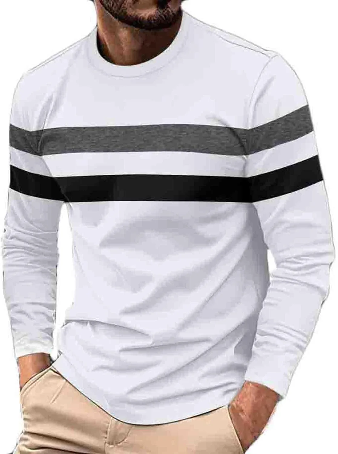 

Мужская футболка с длинным рукавом Color Block Striped Tee Pullover Casual Round Neck Ozmmyan