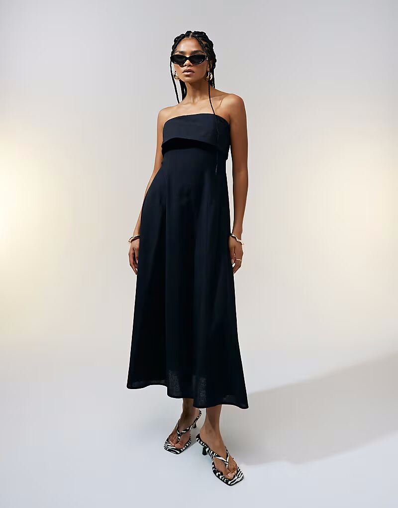 

Платье-бандо миди с отворотом ASOS DESIGN черного цвета