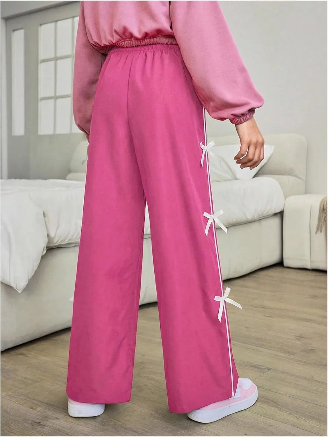 Детские спортивные брюки WDIRARA с бантом на талии и широкими штанинами, Hot Pink White — фото 2