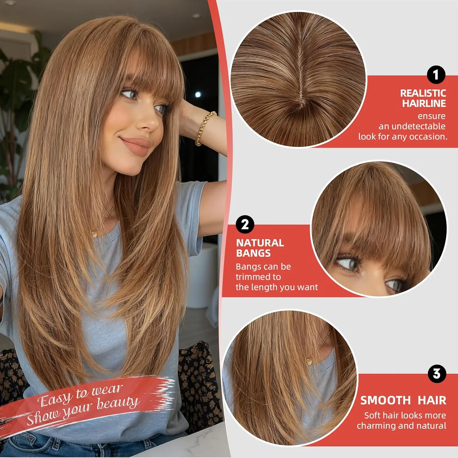 Женский длинный прямой парик с челкой из синтетических волокон Allbell, Highlight Light Brown — фото 3